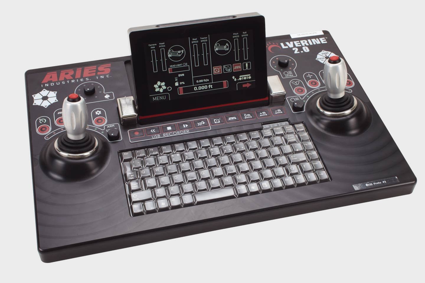 Dual joystick controller with tablet display used to operate the Aries Wolverine robotic cutting crawler.