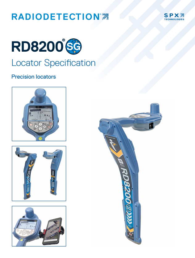 Cover of the Radiodetection RD8200SG locator specification and user guide.