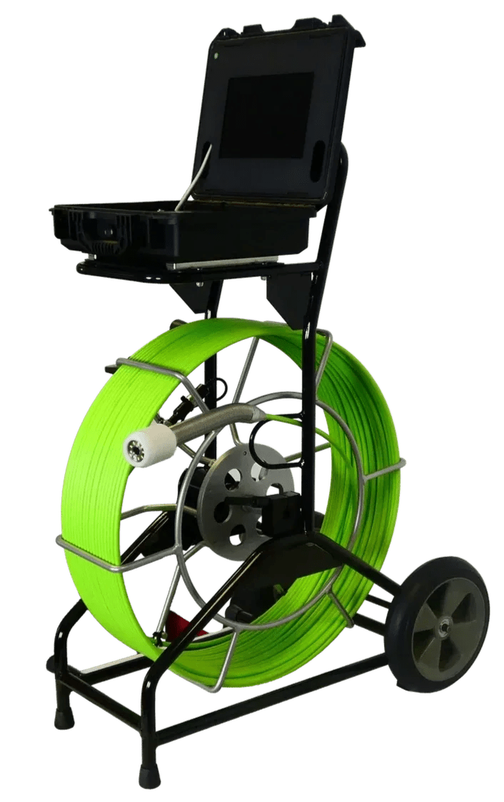 Insight Vision Opticam XL sewer and drain inspection camera system with monitor and coiled push cable on a wheeled cart.