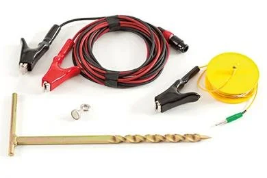 Transmitter connection kit including a direct connection lead, earth extension lead, earth stake, and magnet.
