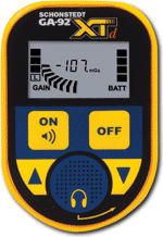 Close-up of the Schonstedt GA-92 XTd magnetic locator control panel and display screen.