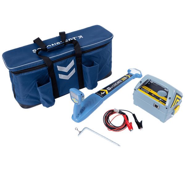 Radiodetection utility locator kit including receiver, transmitter, clamp accessories, and carrying case.