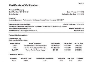 Radiodetection eCert Certificate of Calibration document validating a C.A.T4 locator's calibration.