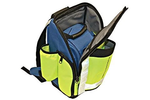 Radiodetection carrying backpack shown open, displaying its locator sleeve and spray can holders.