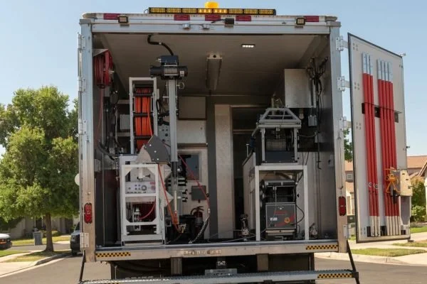 Interior equipment room of a sewer camera inspection truck showing mounted cable reels and control equipment.