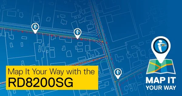 Promotional graphic showing a utility map overlay for the Radiodetection RD8200SG mapping and locating solution.