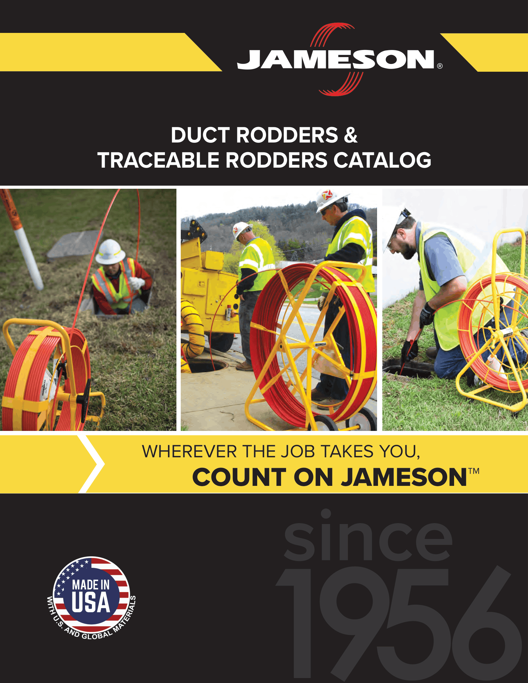Cover of the Jameson duct rodders and traceable rodders product catalog featuring crews using rodder reels in the field.