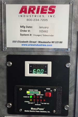 Aries Industries equipment nameplate and digital control panel mounted inside the inspection van.