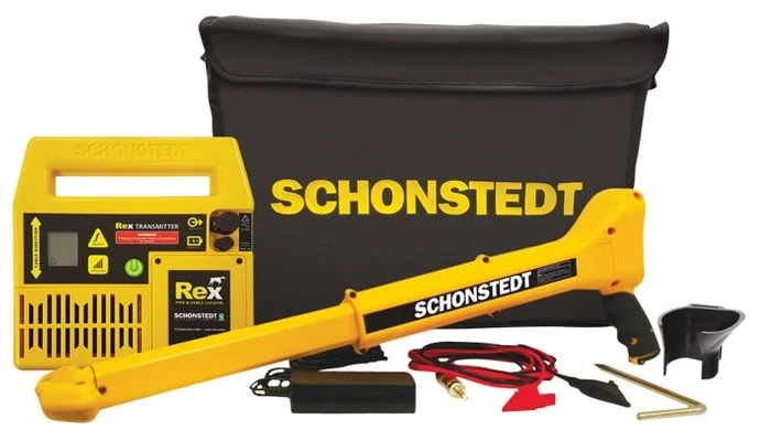 Schonstedt Rex Multi-Frequency Pipe & Cable Locator kit with transmitter, receiver, and carrying case.