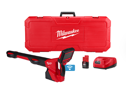 Milwaukee M12 Pipeline Locator Kit in a carrying case with battery and locating components.