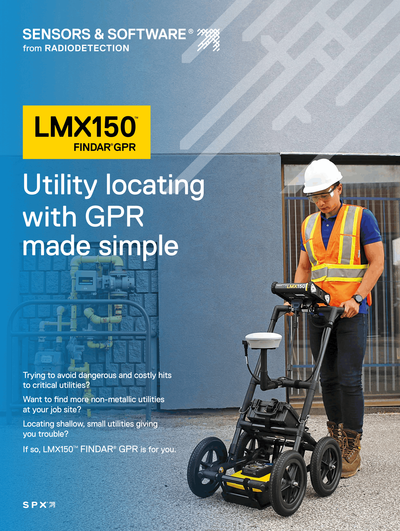 Brochure cover showing a technician using a Radiodetection LMX150 FINDAR GPR cart for utility locating.