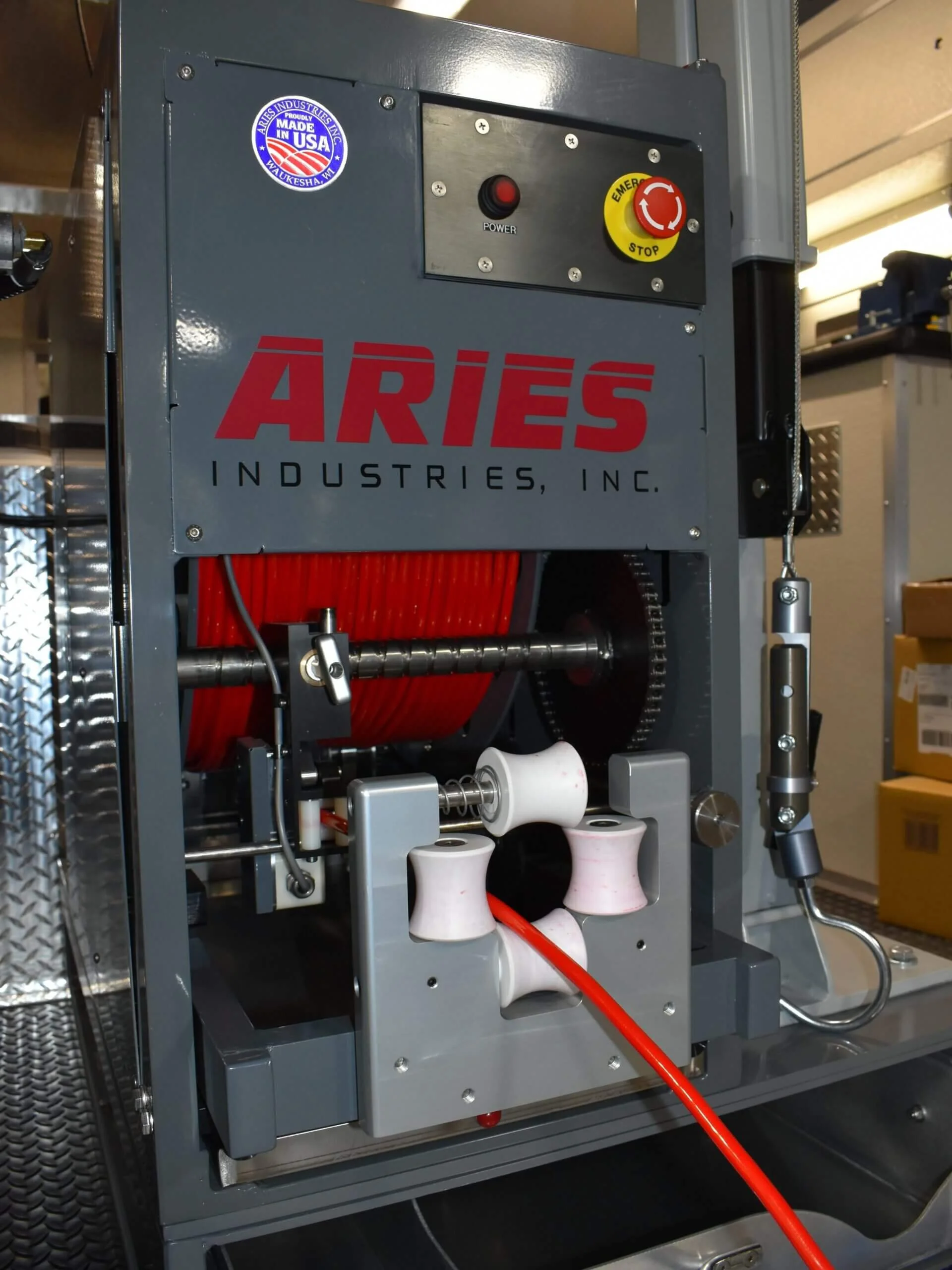 Aries Voyager HD mainline inspection system's cable reel unit mounted inside an inspection vehicle.