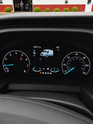 Dashboard and instrument cluster of the sewer inspection demo van.
