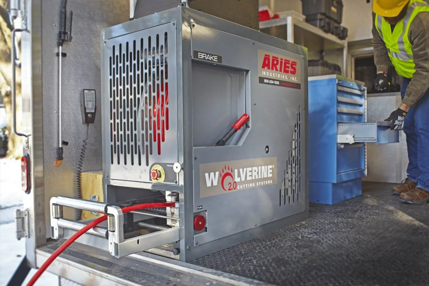 Aries Wolverine cutting system equipment rack mounted inside an inspection truck.