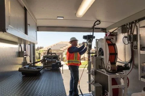 Technician operating a truck-based sewer inspection system with mounted cable reel and control equipment inside the vehicle.