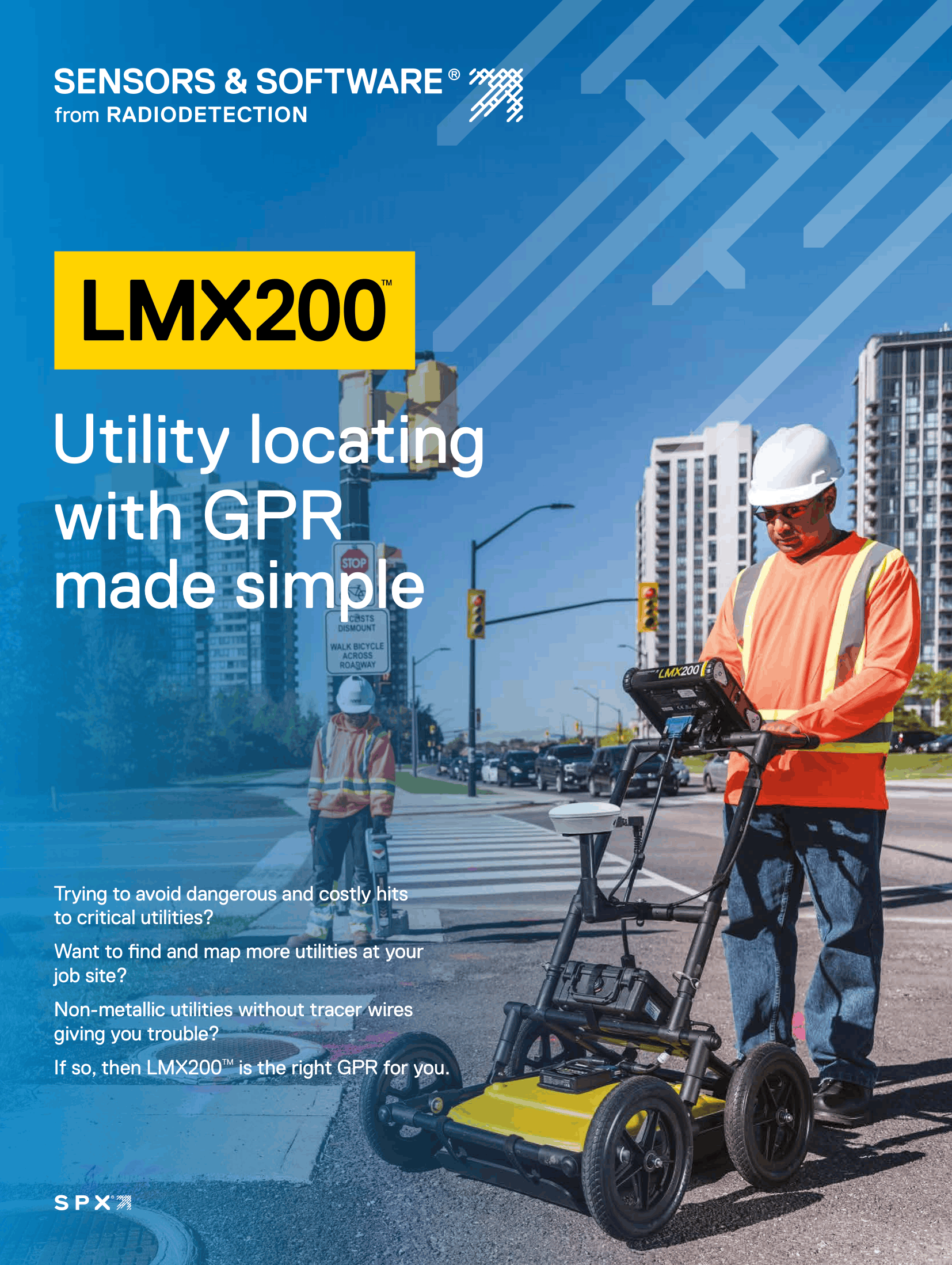 Brochure cover showing a technician using a Radiodetection LMX200 GPR cart for utility locating in a city street setting.