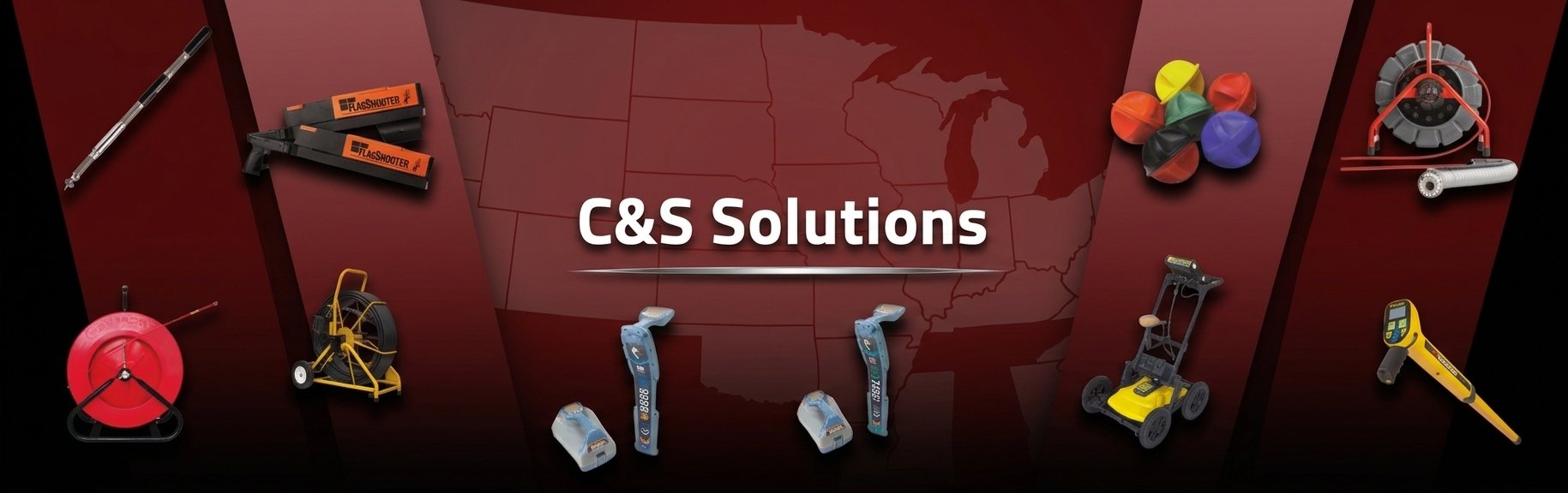 C&S Solutions banner graphic featuring a collage of underground utility locating and pipe inspection equipment over a US map.