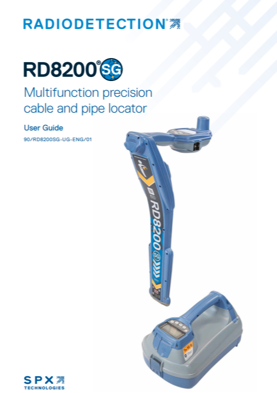 Cover of the Radiodetection RD8200SG technical specifications document for the multifunction precision cable and pipe locator.