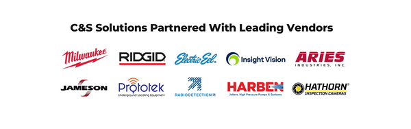 C&S Solutions partner vendor logos including Milwaukee, RIDGID, Electric Eel, Insight Vision, Aries Industries, Jameson, Prototek, Radiodetection, Harben, and Hathorn.