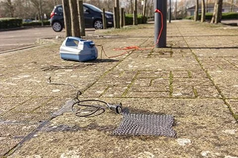 Radiodetection Earth Mat connected to a transmitter and laid out on a paved parking area.