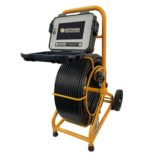 Hathorn H2 Complete Inspection System with compact monitor mounted on a portable camera reel cart.