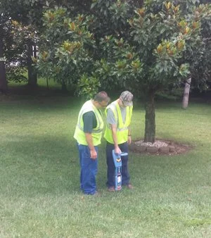 Two technicians in high-visibility vests locating utilities beneath a tree.