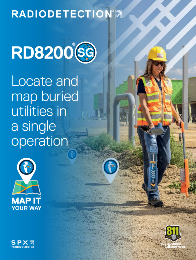 Cover of the Radiodetection RD8200SG brochure showing a technician using the locator on a gravel path.