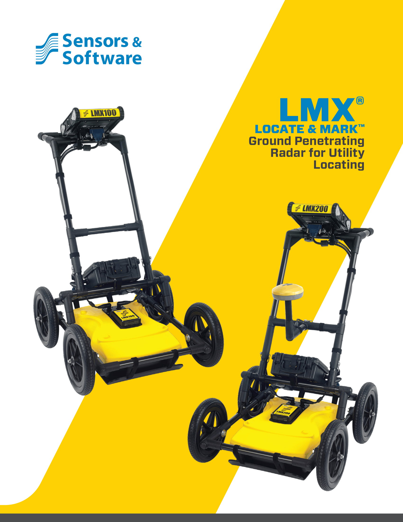 Sensors & Software LMX ground penetrating radar carts shown side by side on a branded brochure cover.