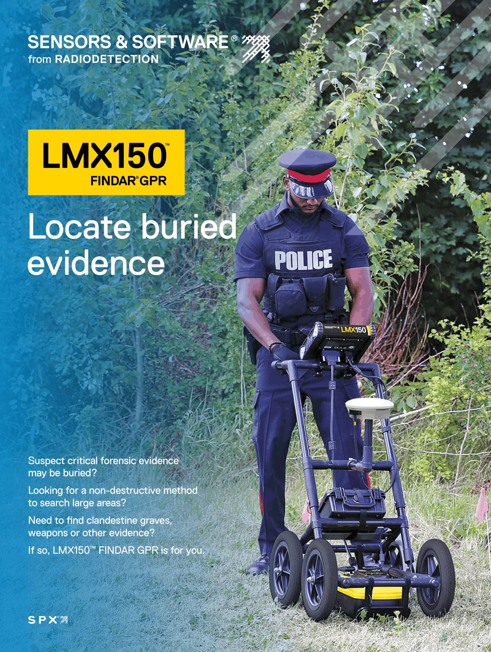 Brochure cover showing a police officer using a Radiodetection LMX150 FINDAR GPR cart to locate buried evidence.