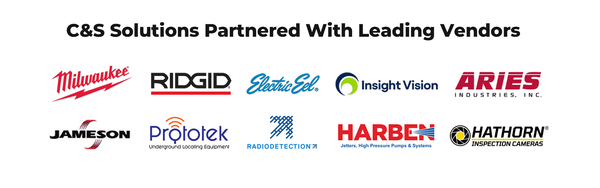C&S Solutions partner vendor logos including Milwaukee, RIDGID, Electric Eel, Insight Vision, Aries Industries, Jameson, Prototek, Radiodetection, Harben, and Hathorn.