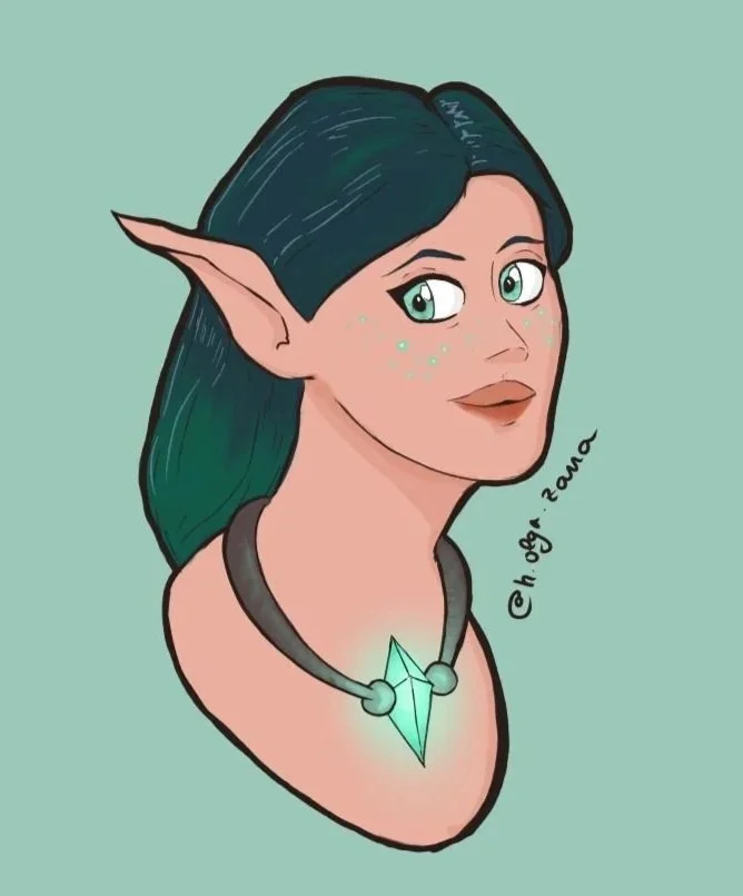 Head portrait head illustration of half merfolk mermaid siren with green hair and pale skin and green eyes