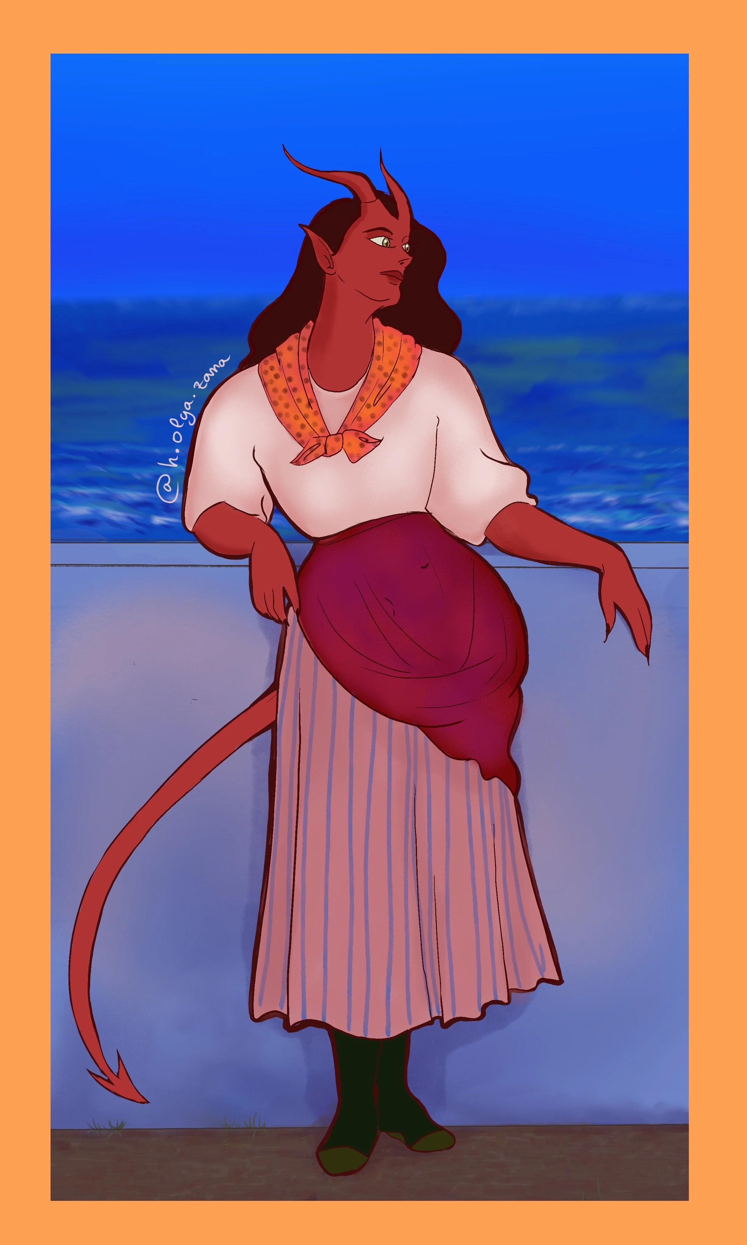 Illustration of a female humanoid demon with red skin, long dark hair, horns, and a tail, dressed in a white blouse with a patterned orange scarf, a striped skirt, and black tights, standing against a backdrop of the ocean with a clear blue sky.