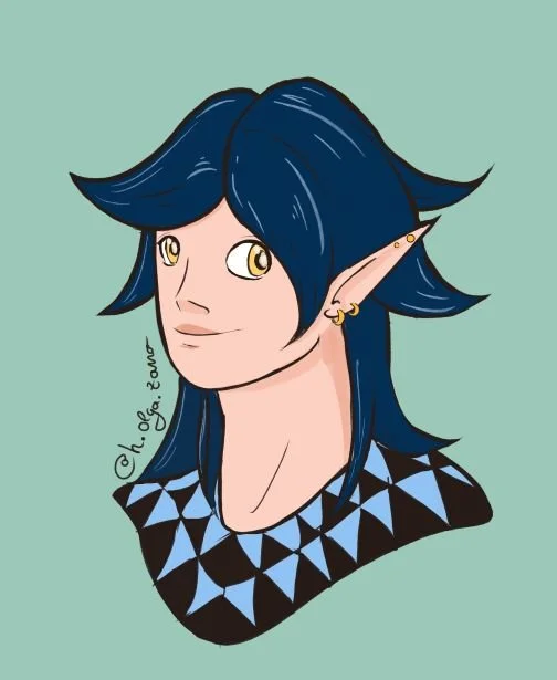 Bard elf with dark blue hair and golden eyes wearing golden earings and hester costume