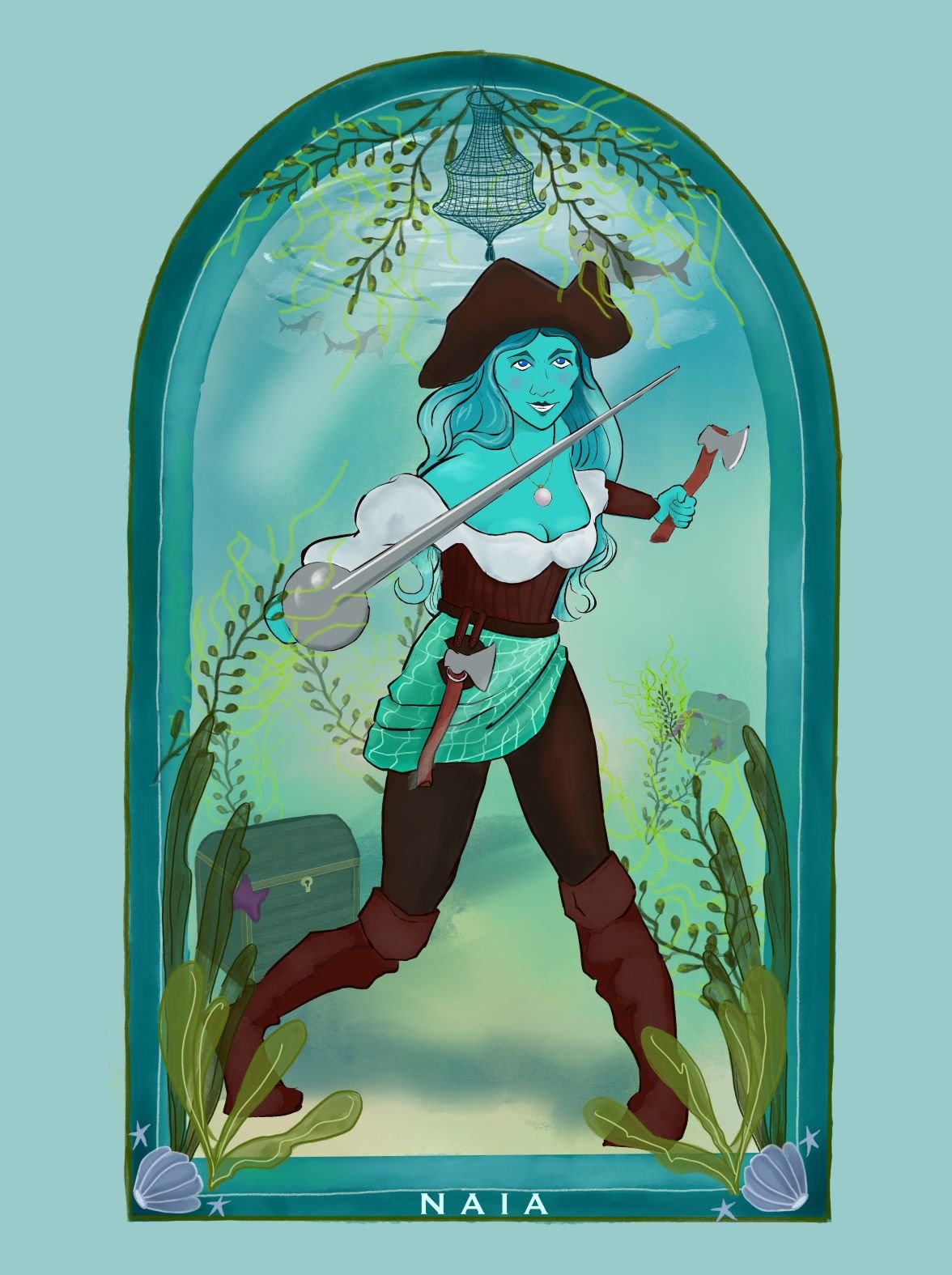 Blue hair blue skin water genasi, a dungeons and dragons DnD fighter in pirate costume holding a sword.