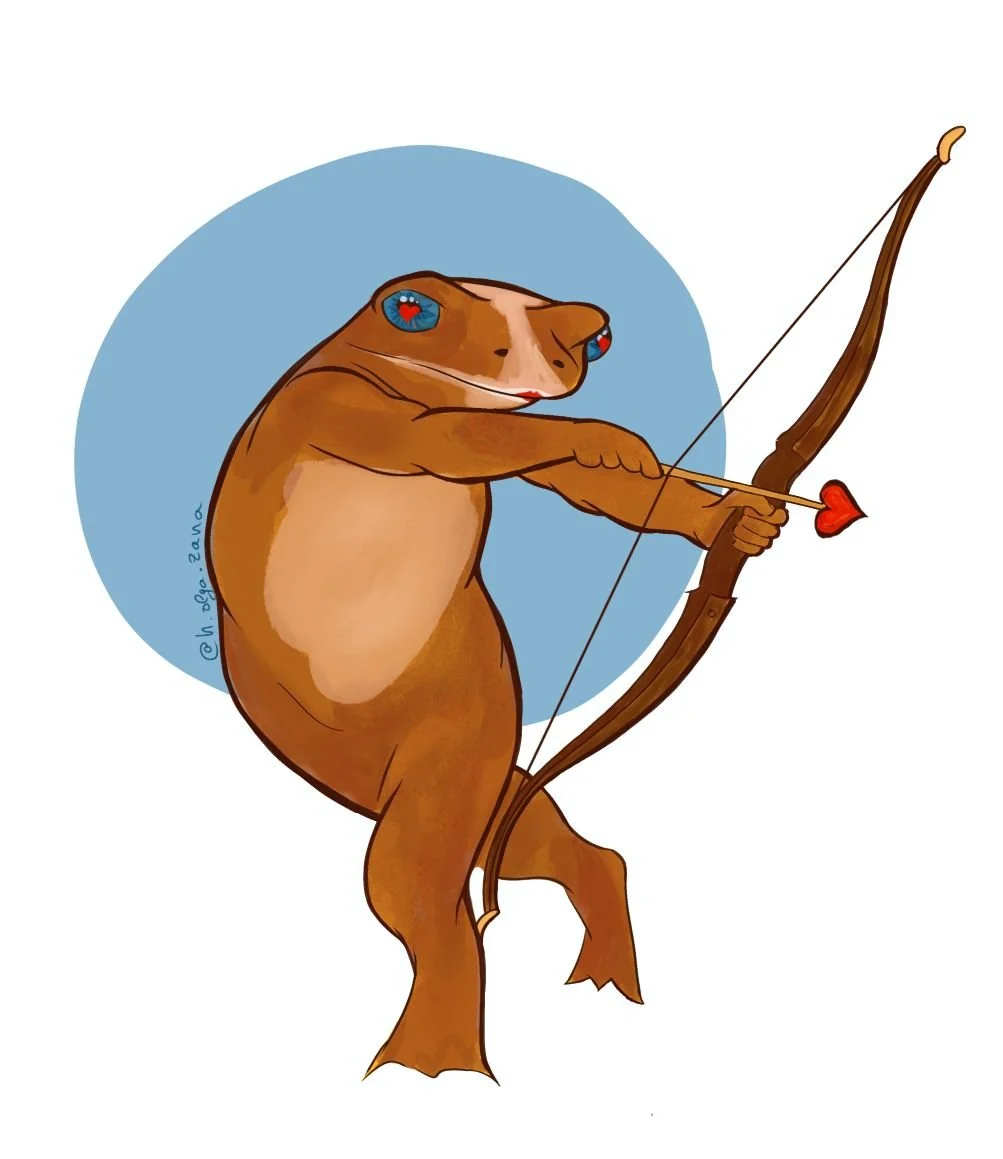 Illustration of a frog holding a bow and arrow looking like cupid with love hearts