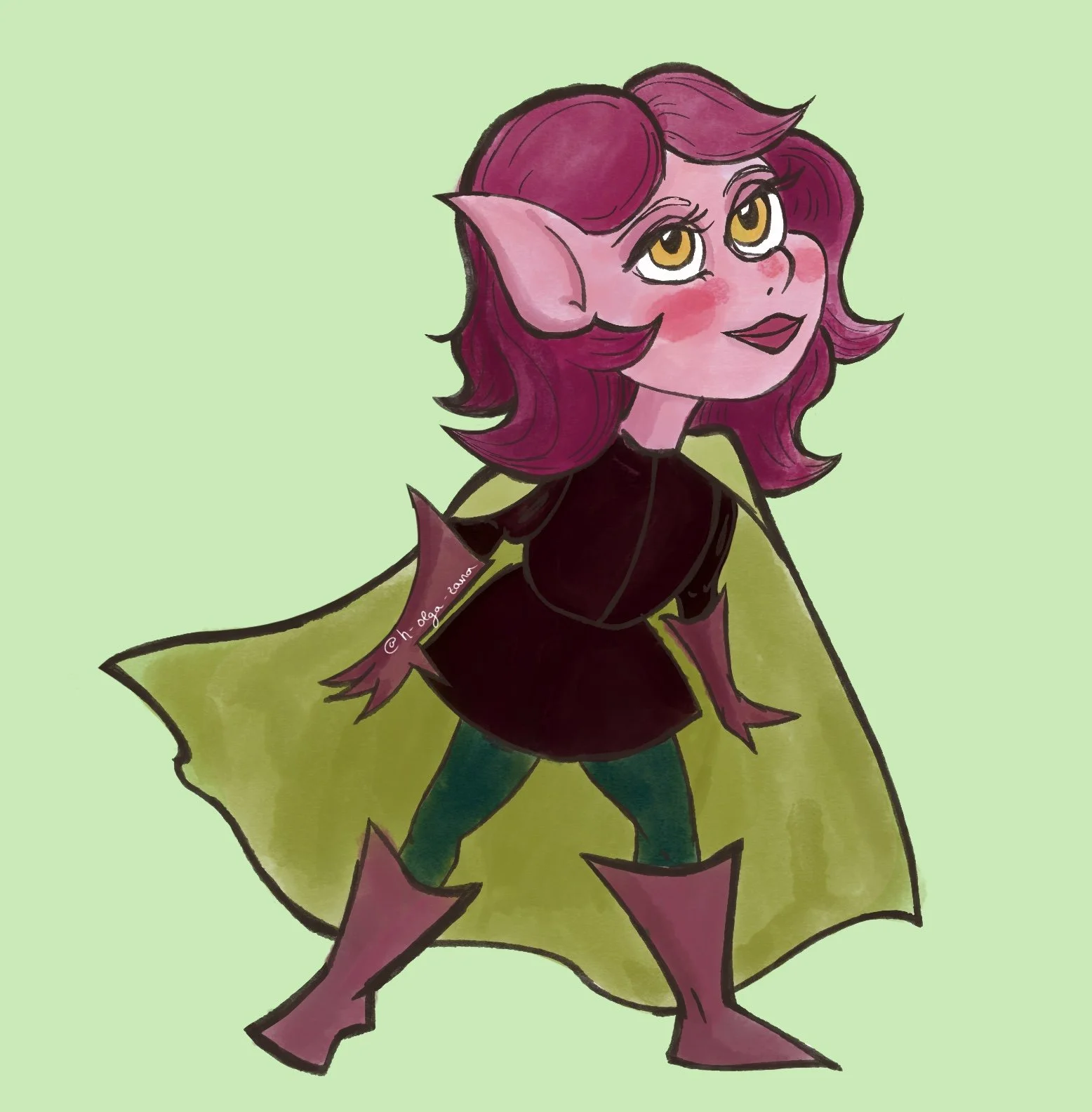 A cartoon character with pink skin and purple hair, wearing a black outfit, green leggings, pink boots, and a yellow cape, standing in a confident pose.