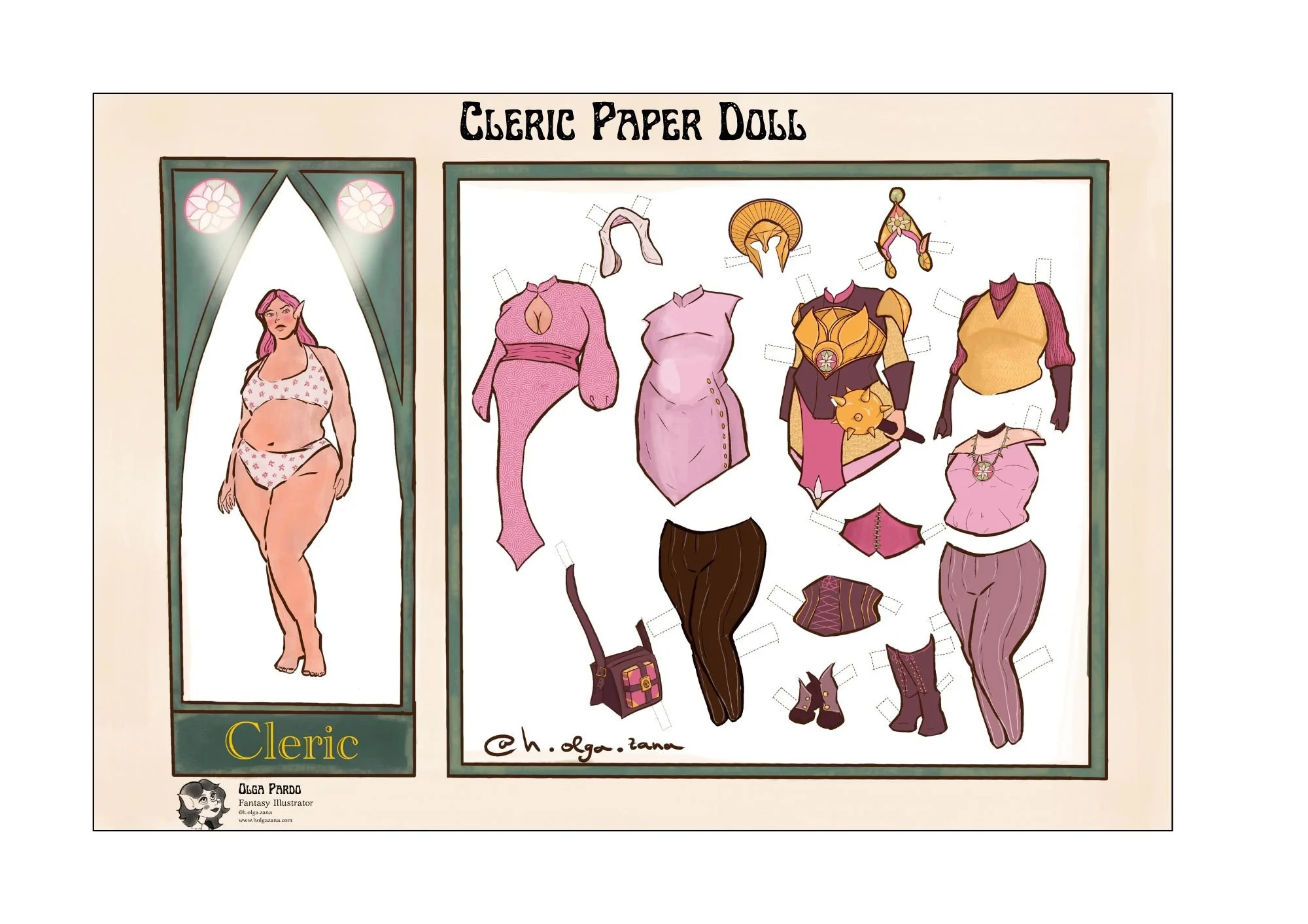 Dungeons and Dragons Cleric paper doll with armor and other outfits to cut and paste. She has pale skin and pink hair
