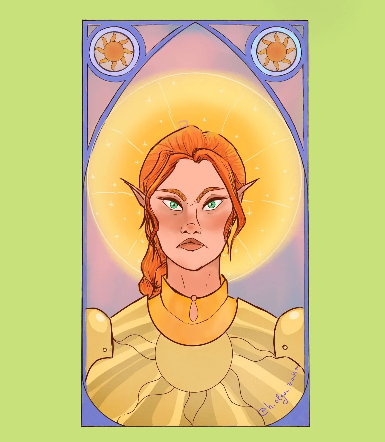 Portrait character illustration of a red haired elf paladin of the god of sun and light, paladin of vengance from Dungeons and Dragons in shinning golden armour. 