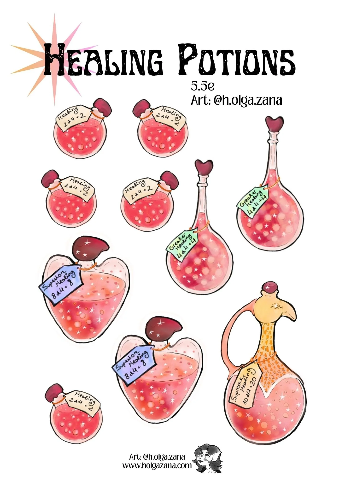 Red healing potions bottles stickers with instructions for Dungeons and Dragons 5.5e