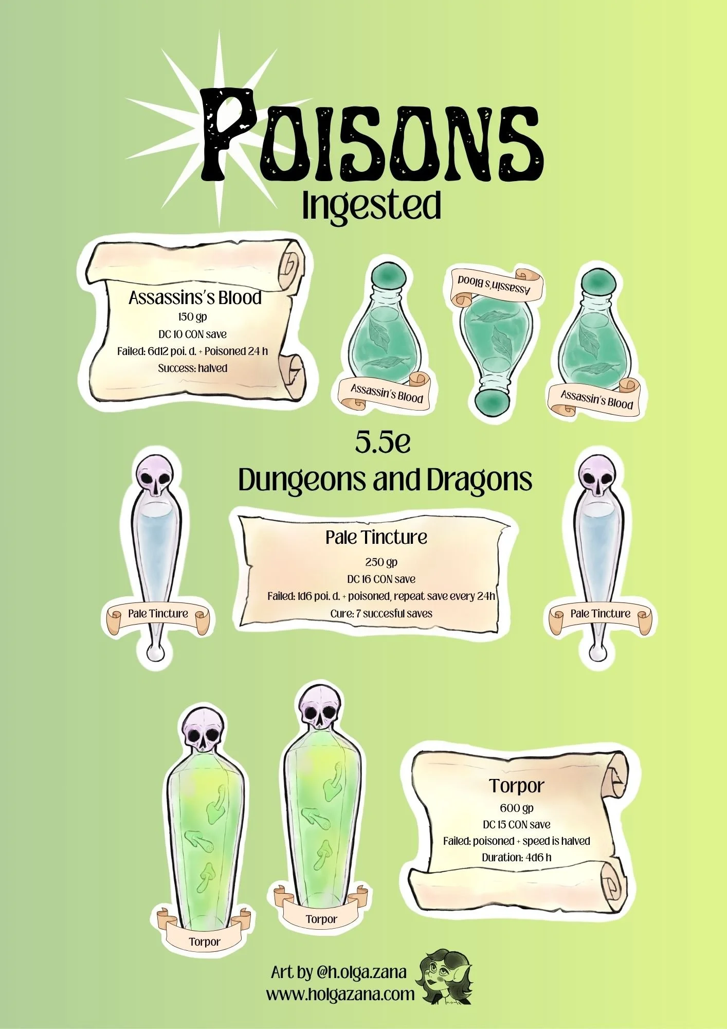 Poison bottles ingested assassins blood pale tincture and torpor with instructions for Dungeons and Dragons 5.5e