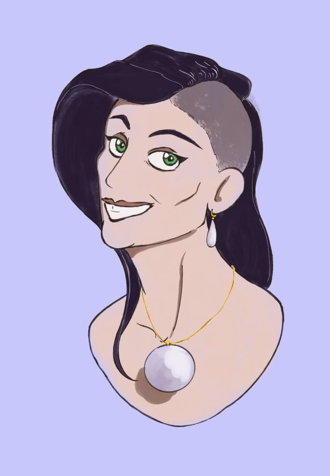 Head portrait of human woman with dark hair and half shaved head with pearl earing