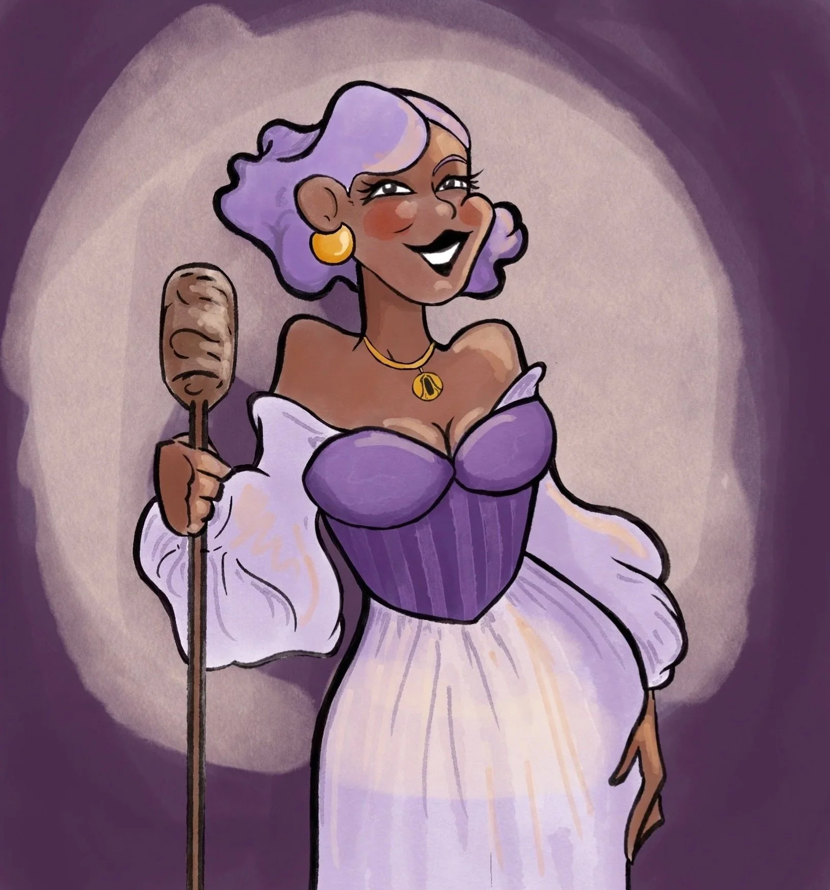 Animated woman with purple hair, holding a skewer of food, wearing a purple vintage dress with a sweetheart neckline, gold earrings, and a gold necklace with a pendant, smiling.