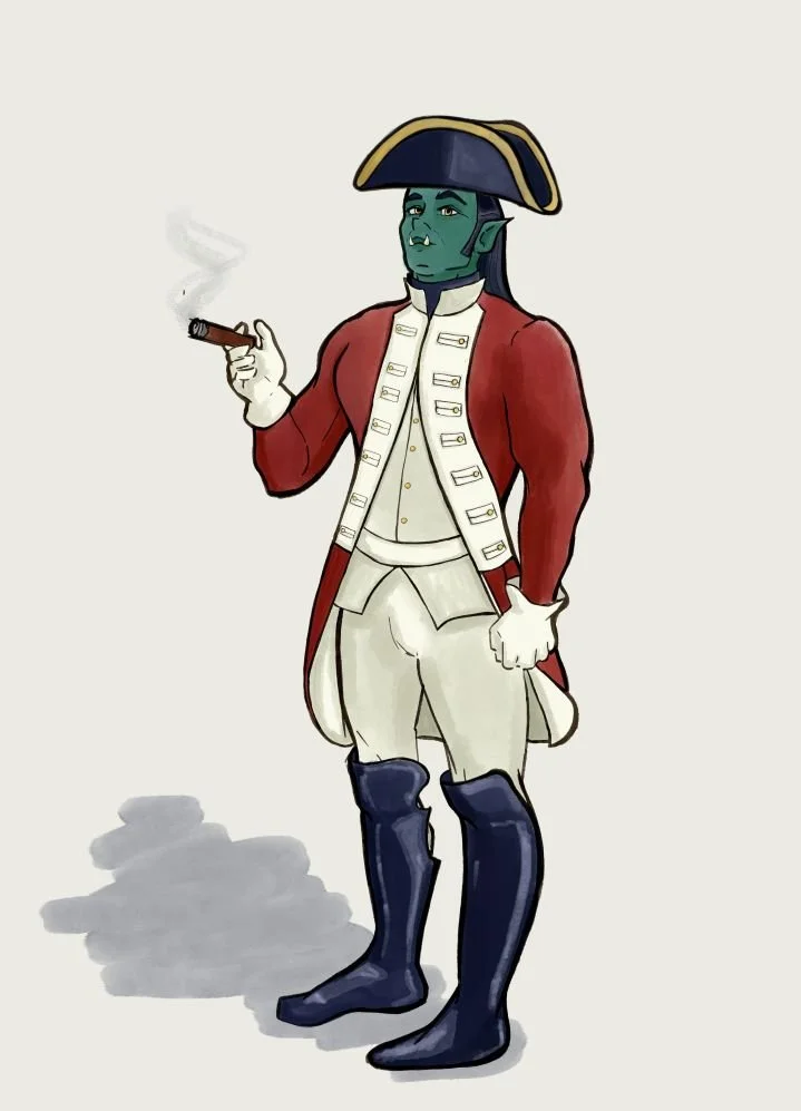 Dungeons and draongs DnD orc navy general in red uniform smoking a cigar wearing dark black boots