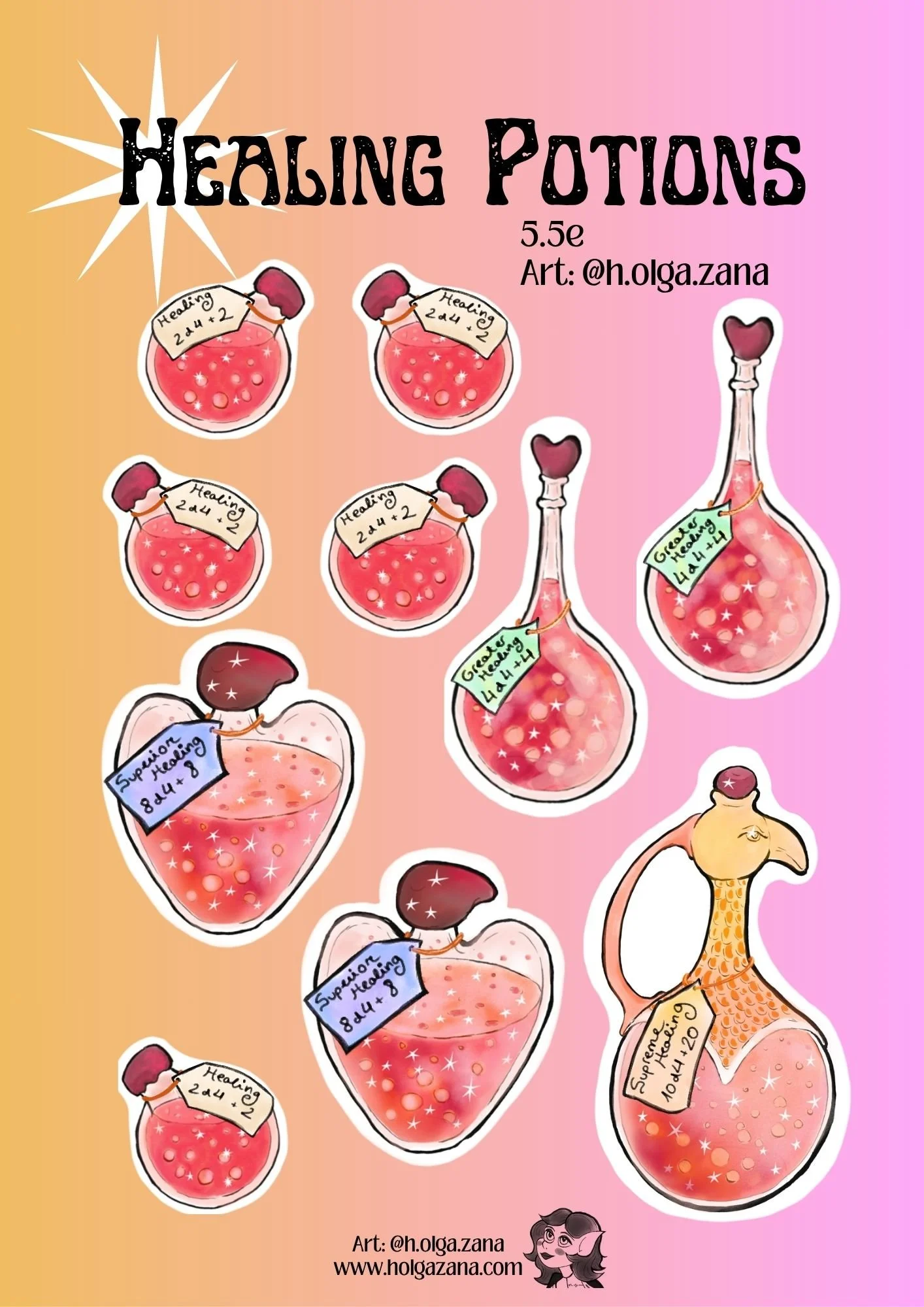Red healing potions bottles stickers with instructions for Dungeons and Dragons 5.5e