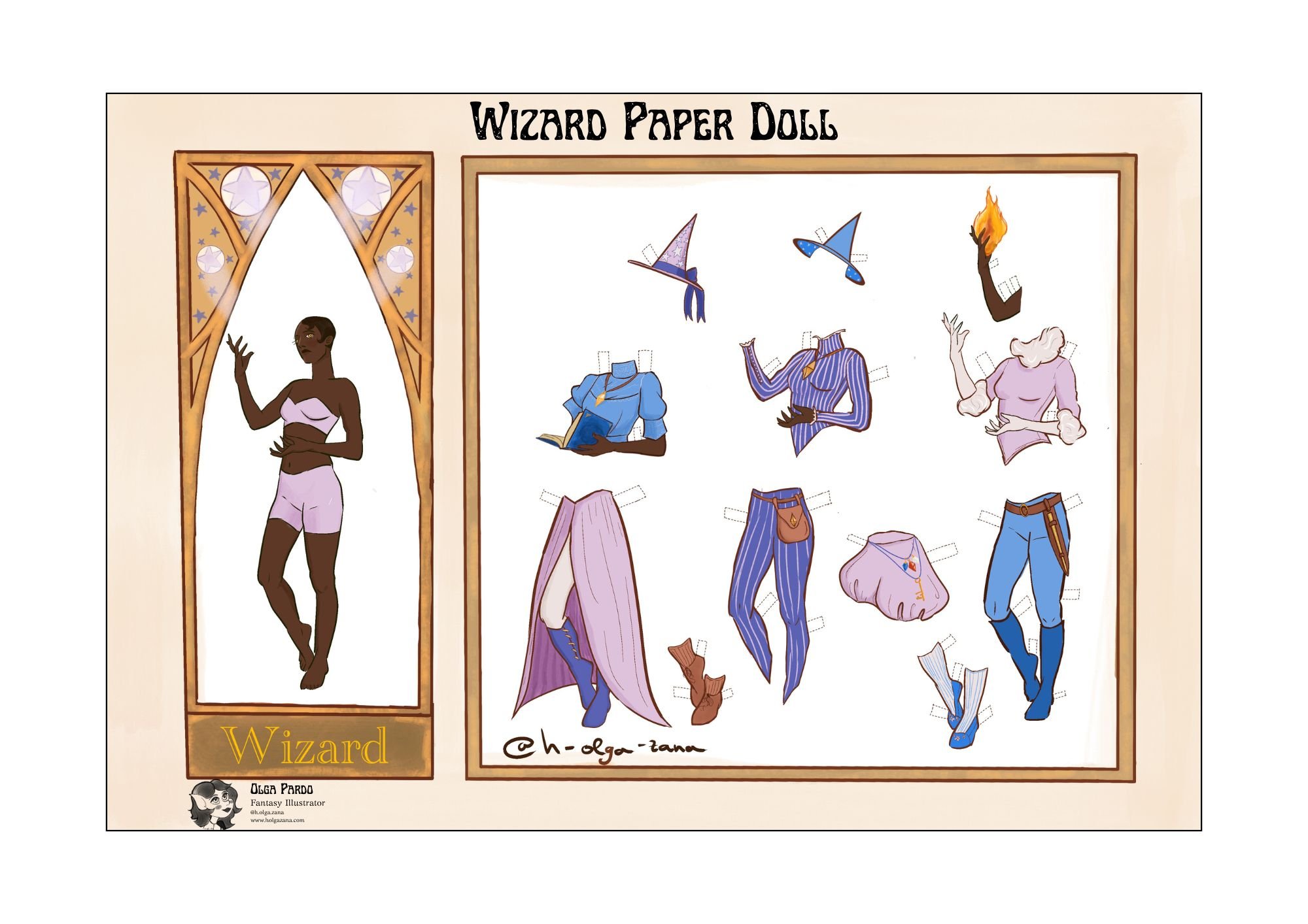 Dungeons and Dragons wizard paper doll with outfits to cut and paste. She has dakr brown skin and black hair