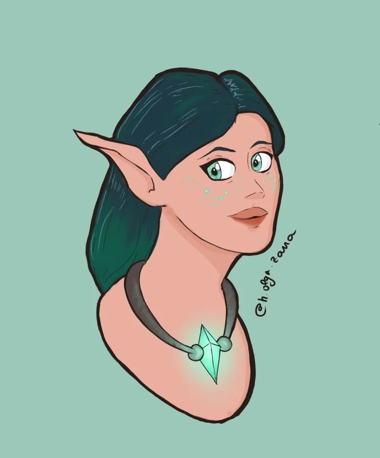 Head portrait head illustration of half merfolk mermaid siren with green hair and pale skin and green eyes
