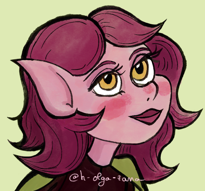 A digital illustration of a female character with elf-like features, large yellow eyes, pointy ears, and wavy purple hair against a light green background.