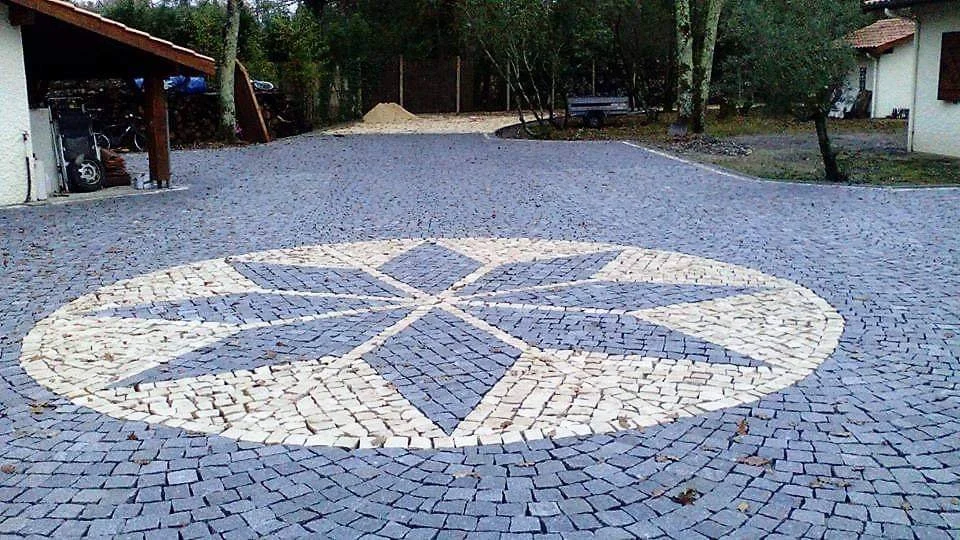 Une surface pavée avec un motif circulaire en mosaïque blanche et grise au centre d'une cour, entourée d'arbres et de bâtiments