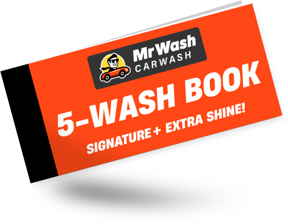 A car wash coupon book for Mr Wash Car Wash, offering five washes with extra shine, featuring red, black, yellow, and white colors, and a logo with a character in sunglasses and a car.