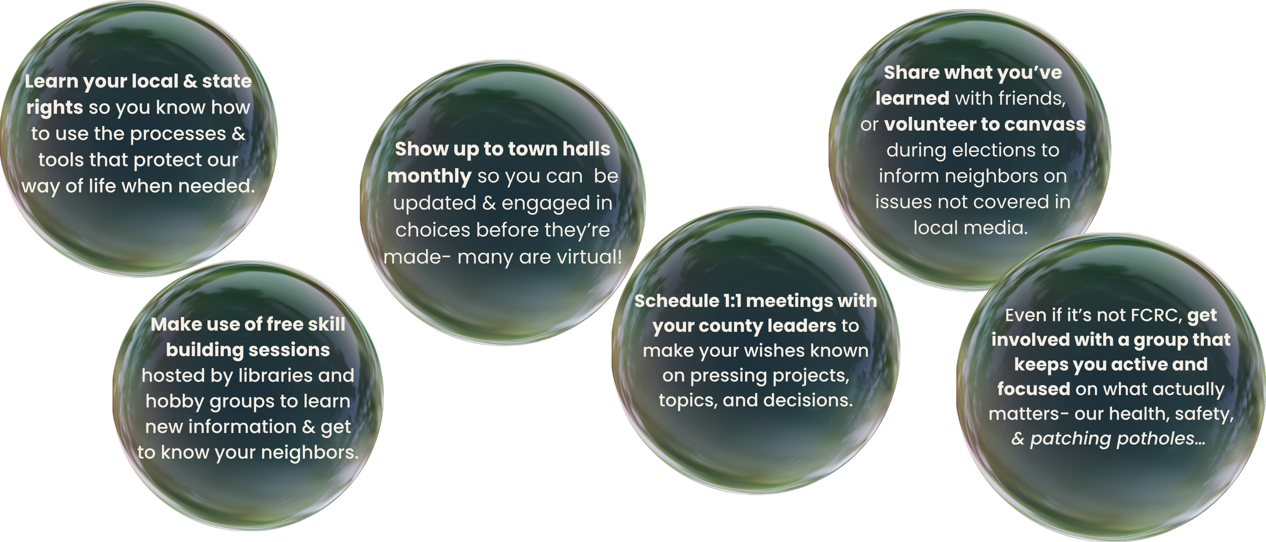 Informational graphic with six green spheres containing text about community engagement and local rights, including attending town halls, skill building sessions, sharing learned information, scheduling meetings with leaders, and staying involved in groups.